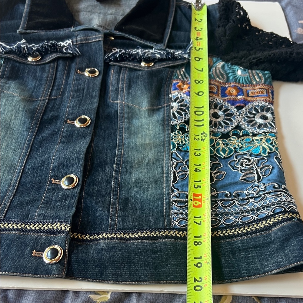 Multiples Blue Embroidered Jean jacket with crochet sleeves and embellished - Picture 6 of 9